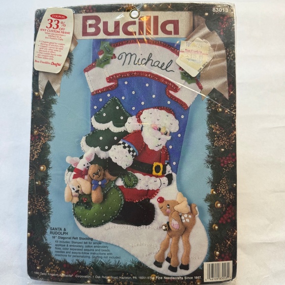 VTG Bucilla 1993 “SANTA & RUDOLPH" Felt Christmas Stocking Kit 18" 83013 NIP - Picture 1 of 10